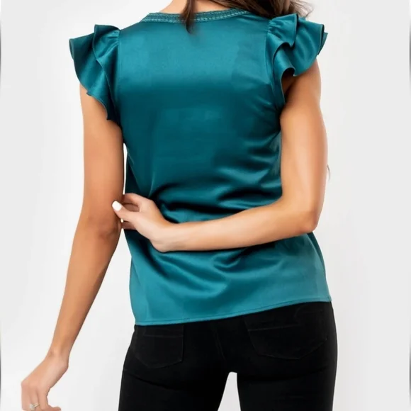 Teal Ruffle Sleeve V-Neck Blouse - Picture 6 of 7